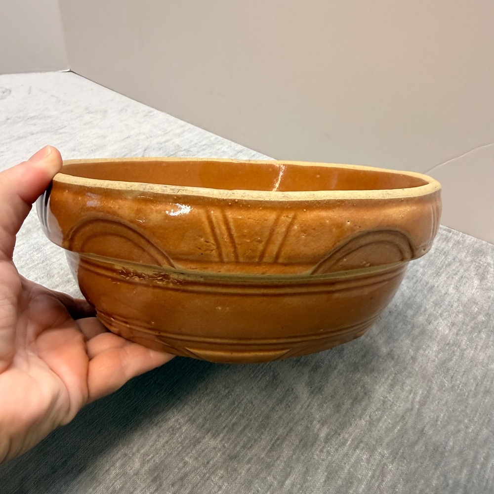 VTG Yellowware Mixing Bowl Embossed Geometric Band Saffron Glaze Stoneware 8.5"